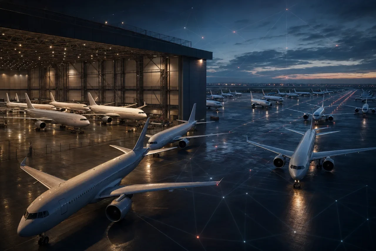 Havacılık alanını temsil eden uçaklar ve hangar görseli