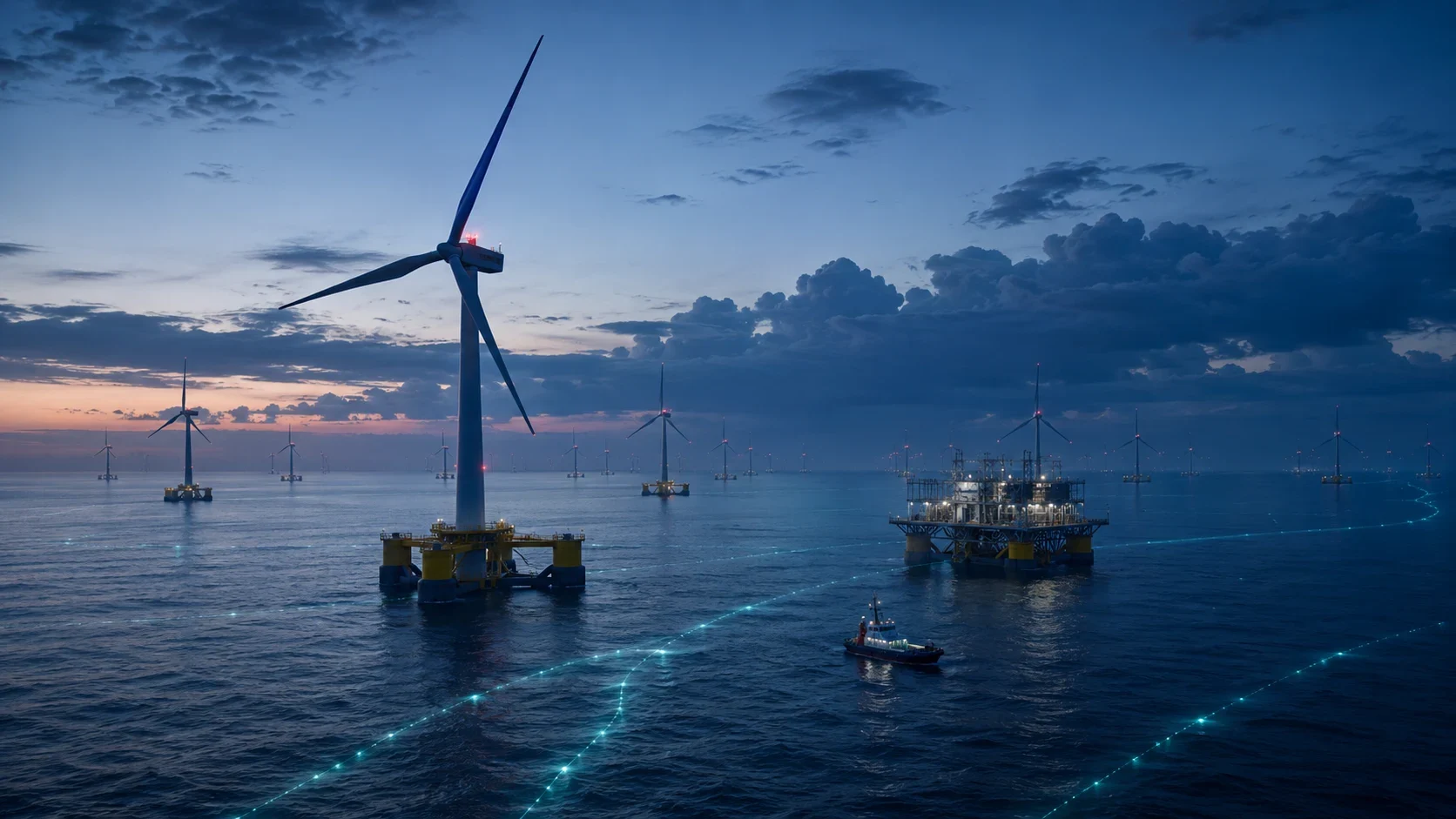 Yenilenebilir enerjiyi temsil eden deniz üstü rüzgâr türbinleri